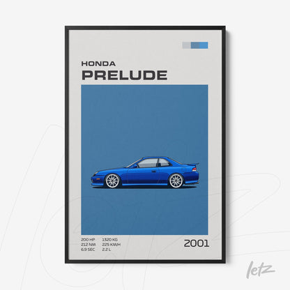 quadro com ilustração do carro Honda Prelude de 2001 em fundo azul e moldura preta