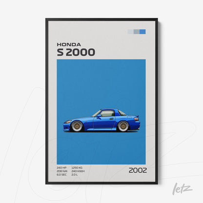 quadro com ilustração digital de um carro esportivo Honda S2000 em fundo azul