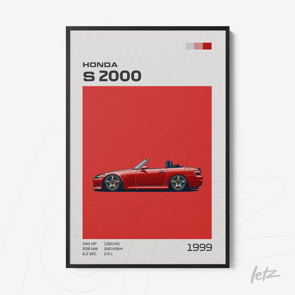 quadro decorativo com ilustração do carro Honda S2000 em fundo vermelho vibrante e moldura preta