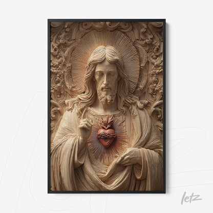 quadro com a representação do Sagrado Coração de Jesus em relevo detalhado com moldura preta