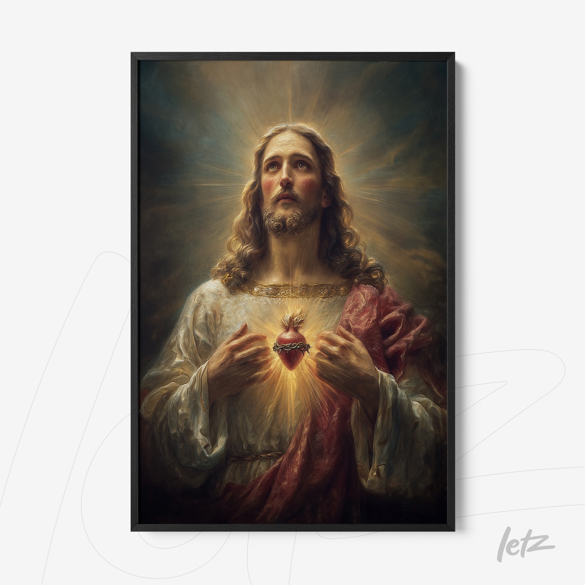 quadro emoldurado com pintura religiosa de Jesus Cristo, mostrando o Sagrado Coração sob um fundo dramático com raios de luz
