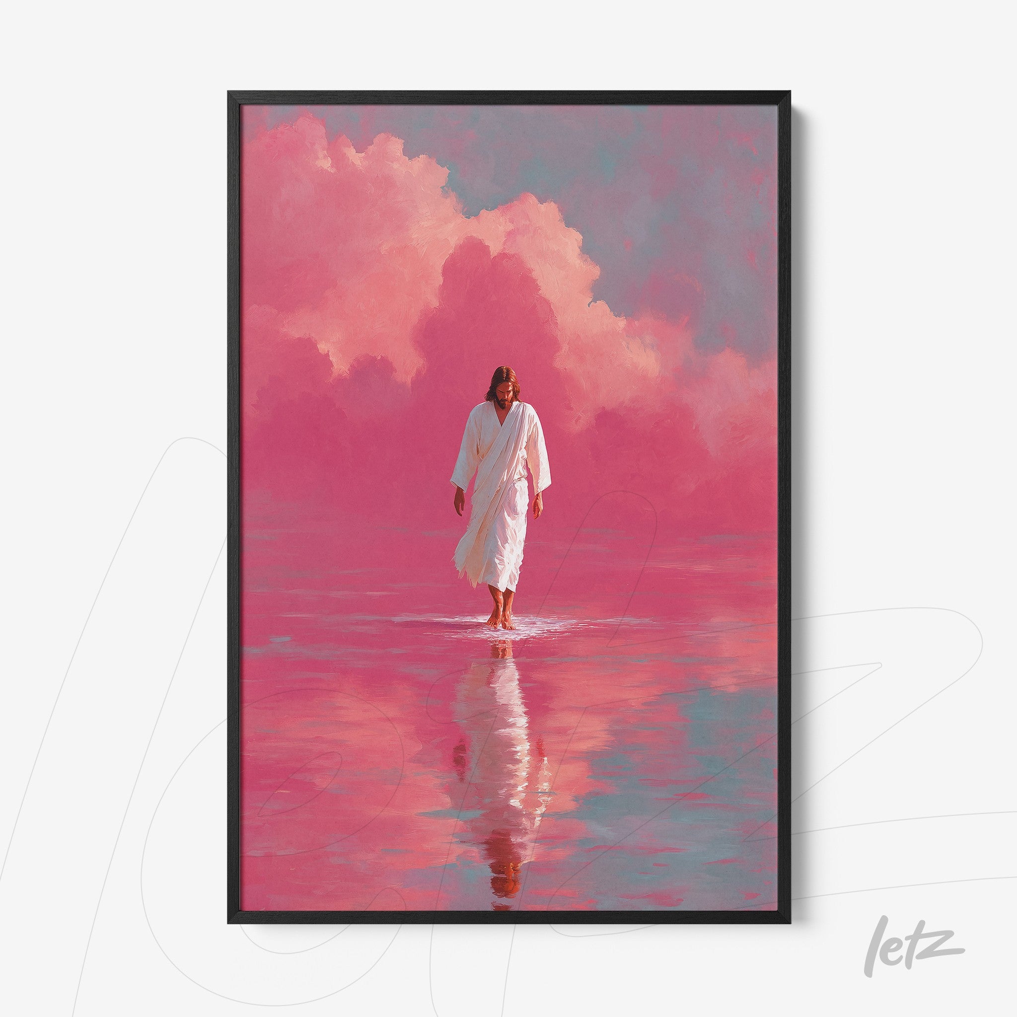 quadro com arte de figura religiosa caminhando sobre água com céu rosa vibrante e reflexo sutil