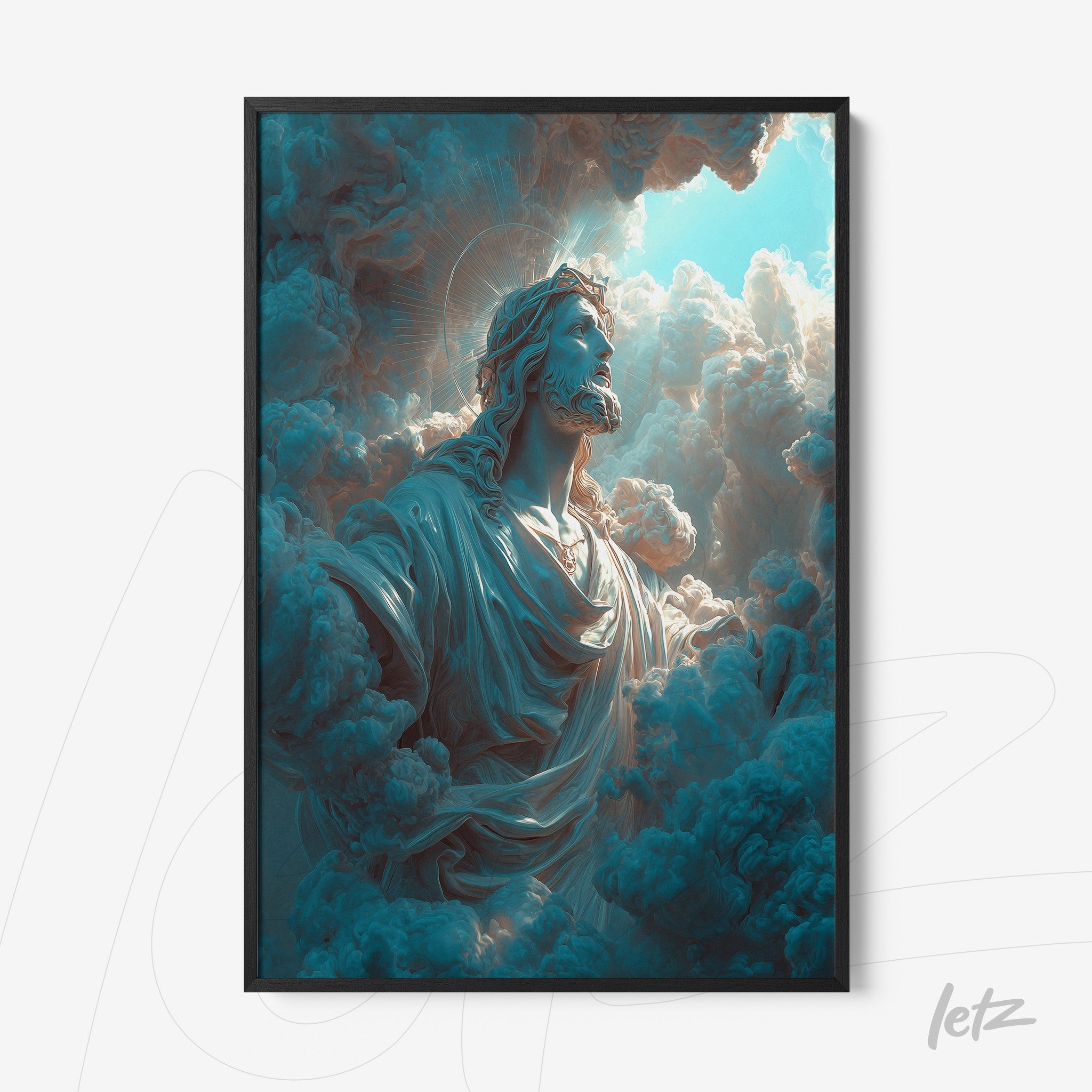 quadro com arte digital de figura celestial emergindo entre nuvens dramáticas em moldura preta