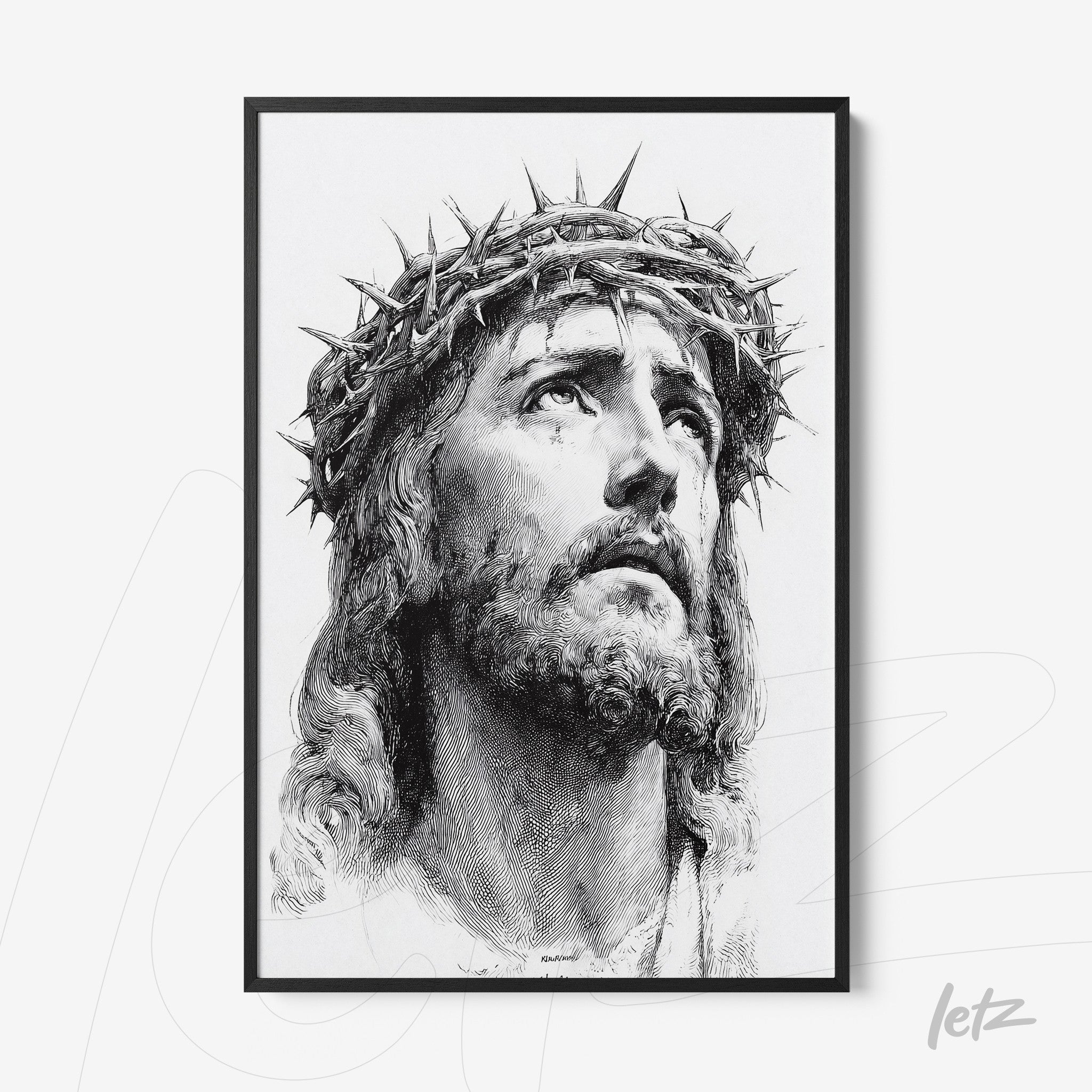 quadro em moldura preta com retrato em preto e branco de figura religiosa com coroa de espinhos, expressando grande intensidade emocional