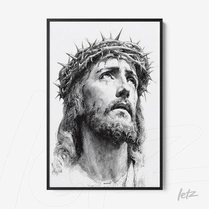 quadro em moldura preta com retrato em preto e branco de figura religiosa com coroa de espinhos, expressando grande intensidade emocional