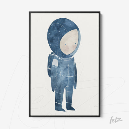 quadro com ilustração de astronauta em tons de azul, moldura preta fina