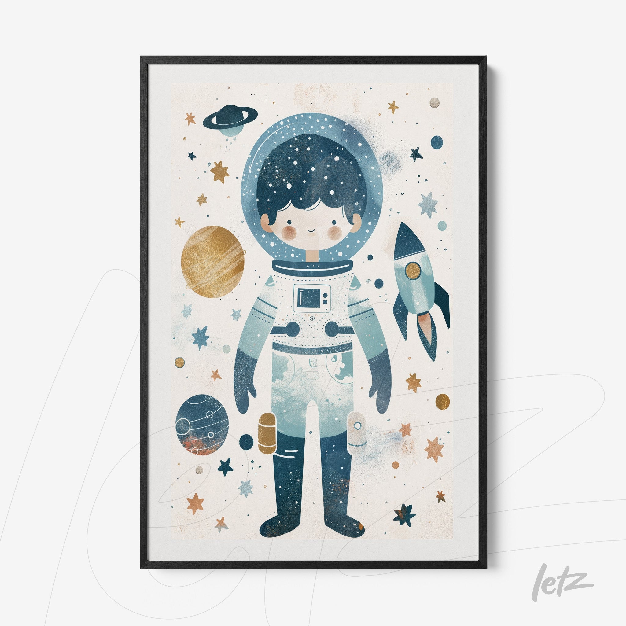 quadro com ilustração de astronauta em tonalidades azuis e verdes com planetas e estrela no fundo, moldura preta