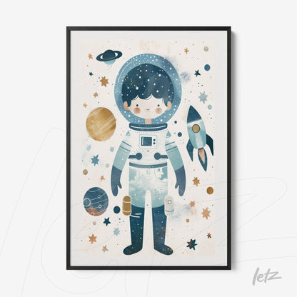 quadro com ilustração de astronauta em tonalidades azuis e verdes com planetas e estrela no fundo, moldura preta