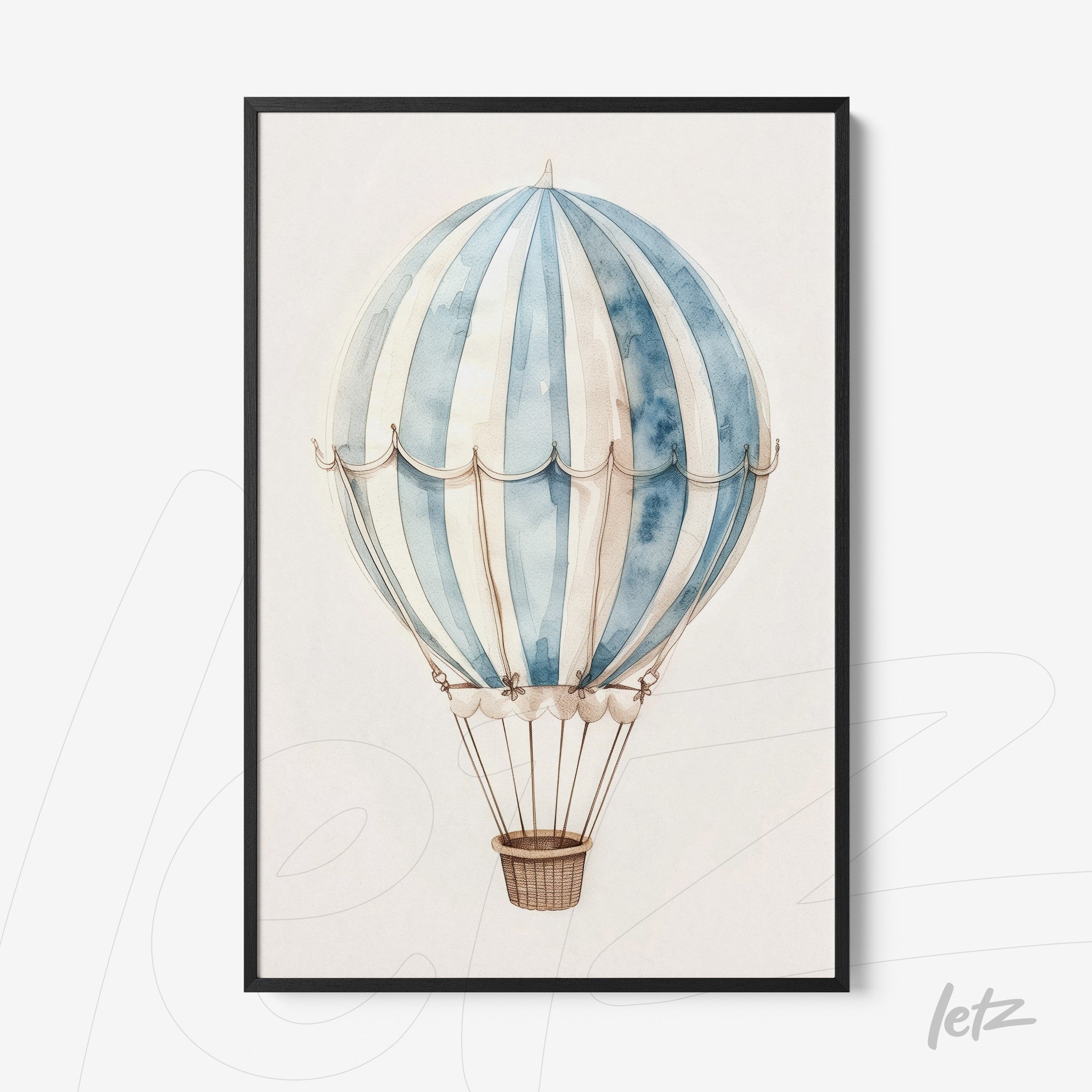 quadro com ilustração de balão de ar quente em tons de azul e branco, em moldura preta