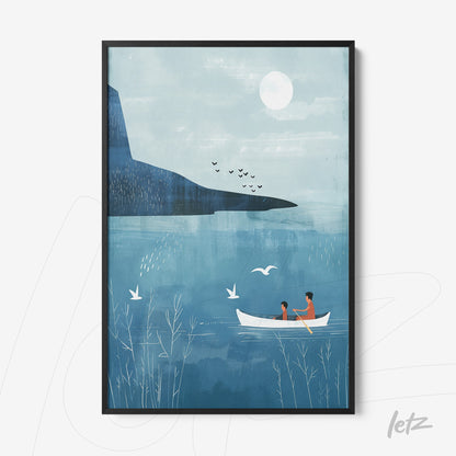 quadro com ilustração minimalista de casal em barco em lago sob céu azul com montanha ao fundo e aves voando