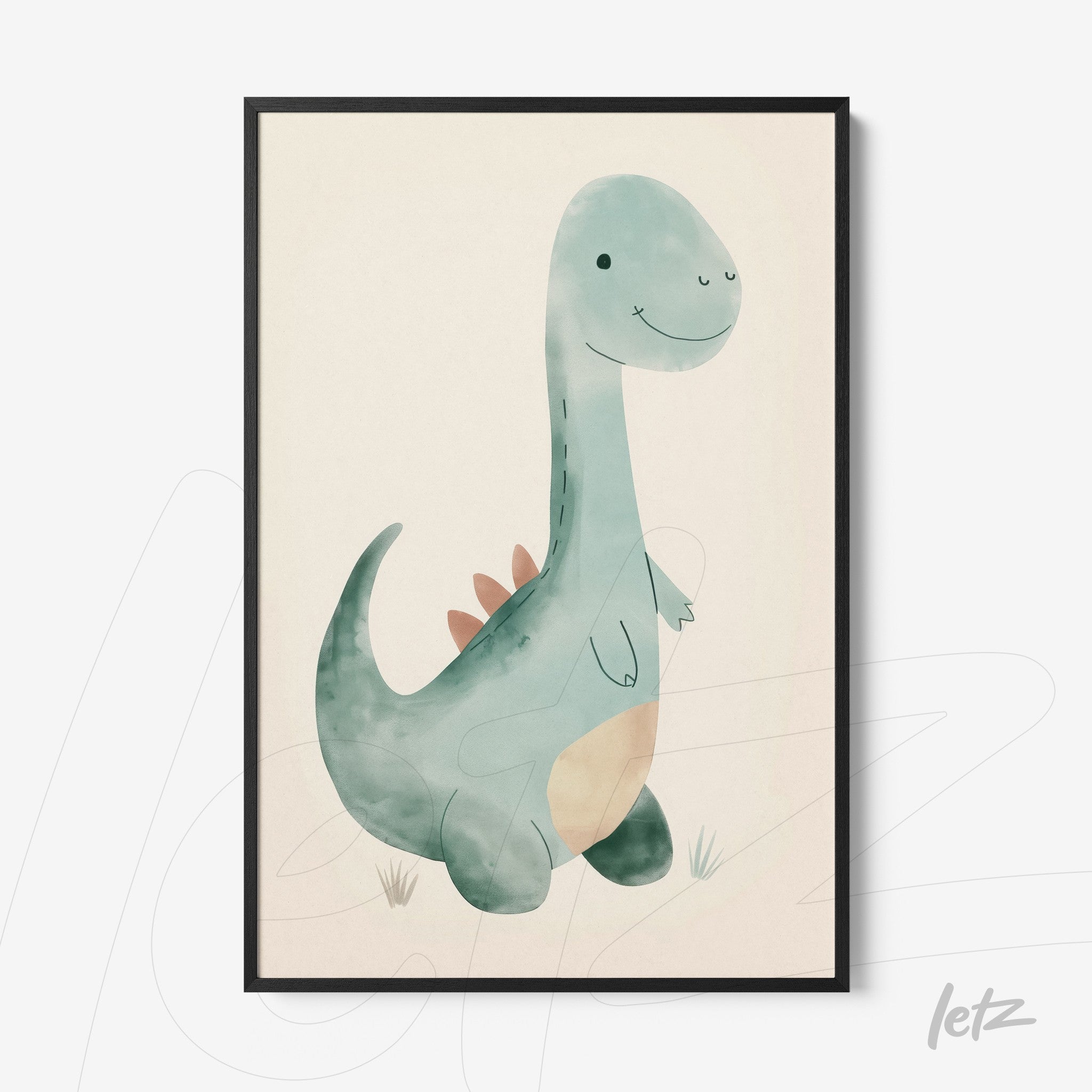 quadro com arte infantil de dinossauro em tons suaves e moldura preta