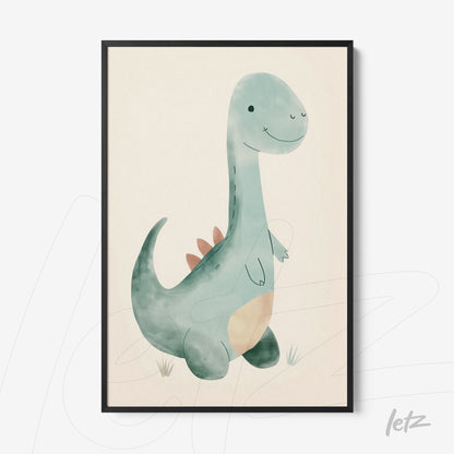 quadro com arte infantil de dinossauro em tons suaves e moldura preta