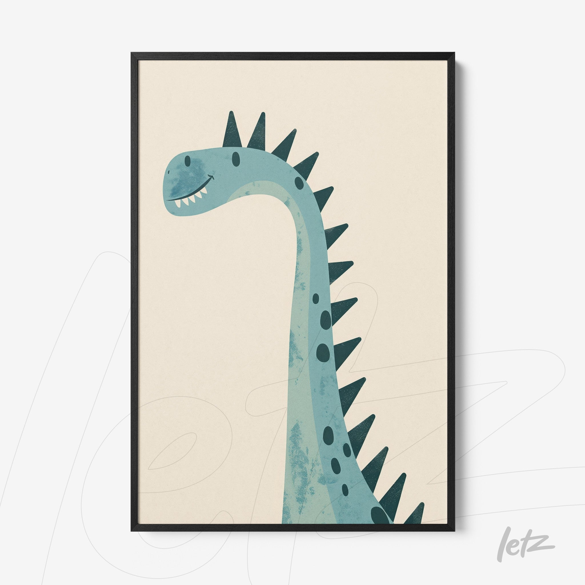 quadro com arte digital de um dinossauro estilizado em fundo claro e moldura preta