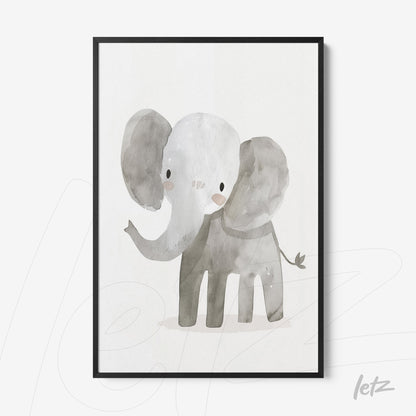 quadro com ilustração de elefante em aquarela com moldura preta