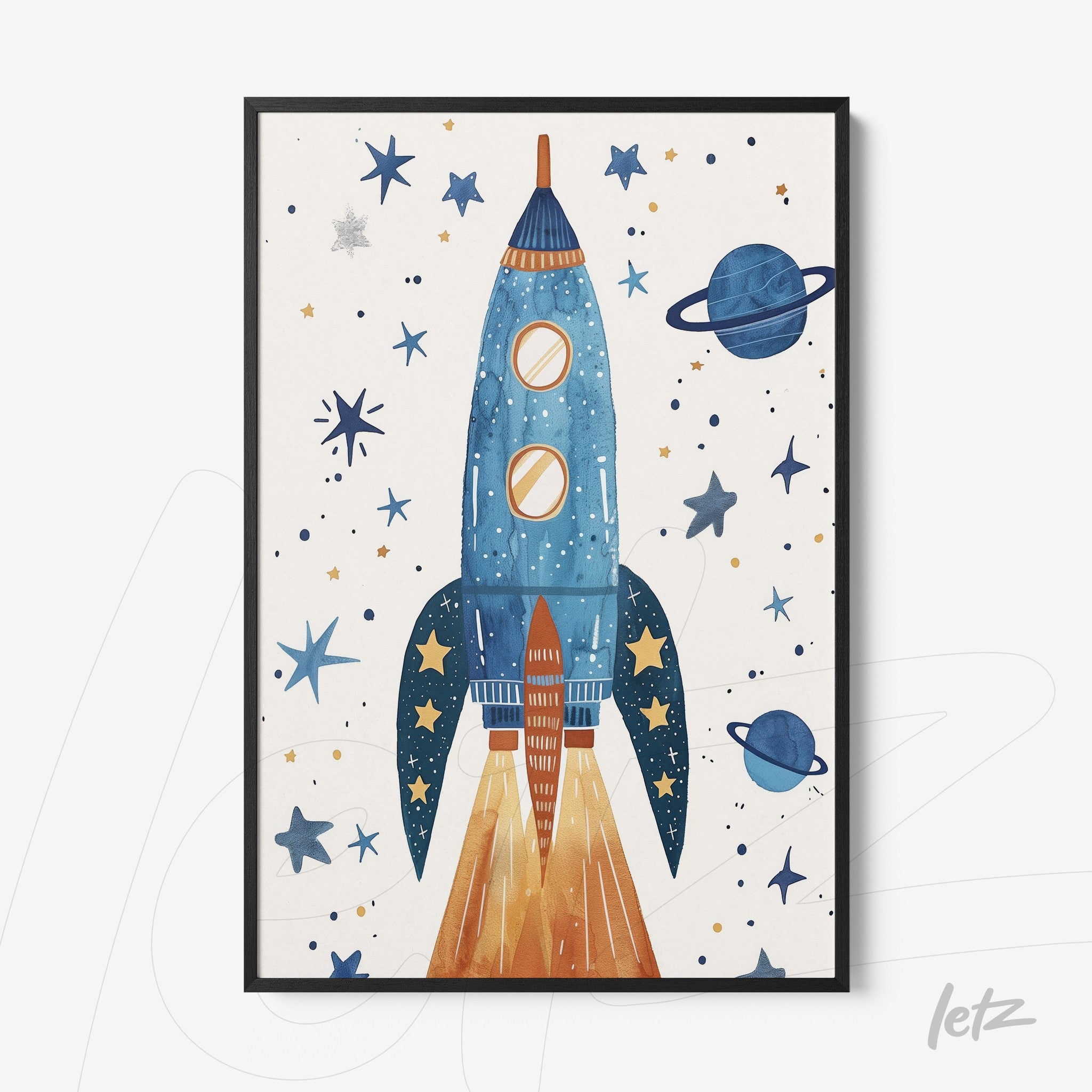 quadro com ilustração de foguete azul em estilo aquarela, cercado por planetas e estrelas, com moldura preta