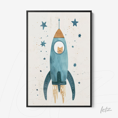 quadro com ilustração de um gato dentro de uma espaçonave azul em fundo claro com estrelas