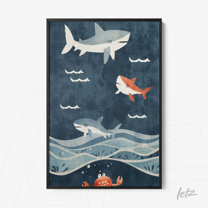 quadro com ilustração de tubarões em fundo azul, com ondas brancas e um caranguejo vermelho na parte inferior