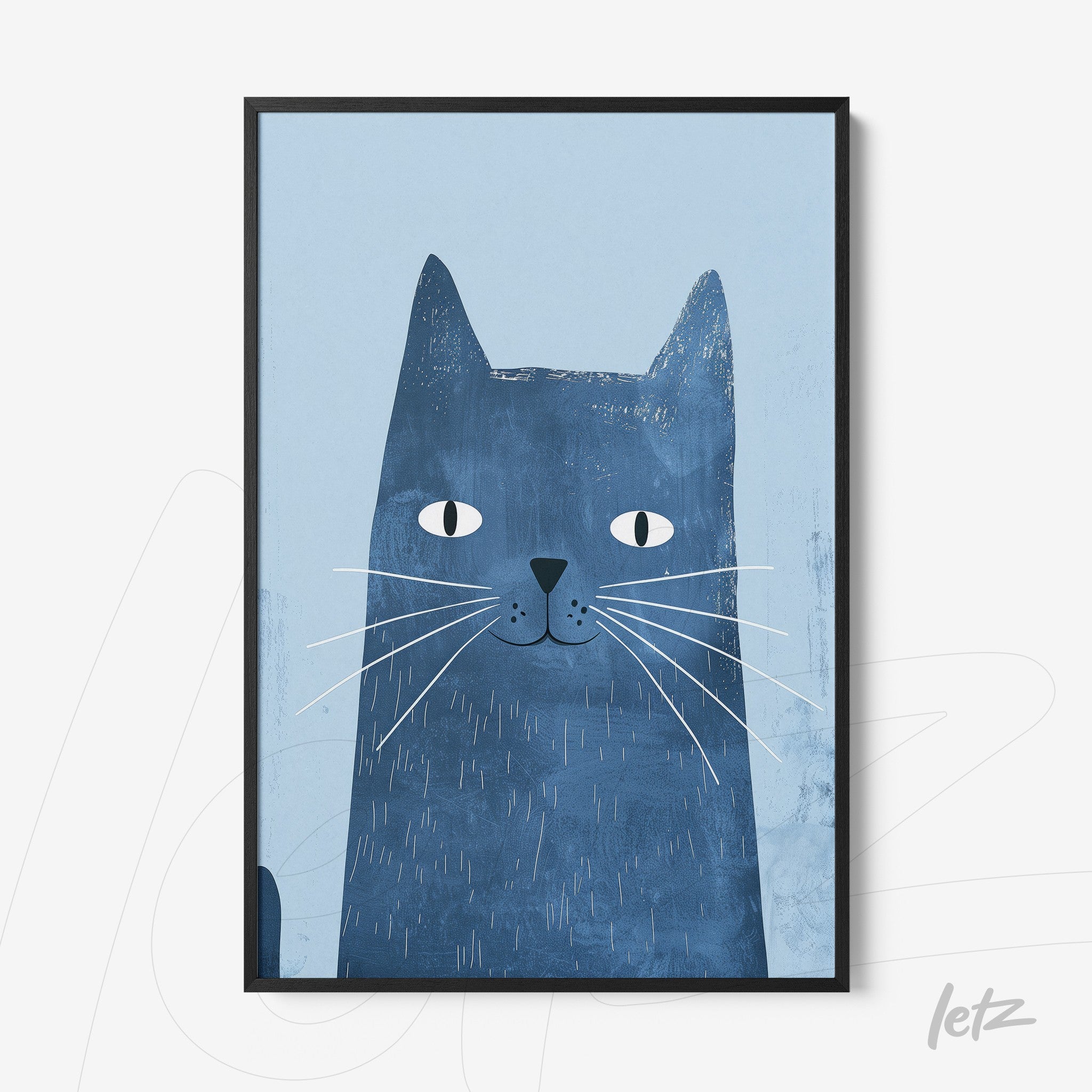 quadro com ilustração de gato azul sobre fundo azul claro em moldura preta