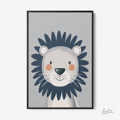quadro com ilustração infantil de leão em fundo cinza com moldura preta