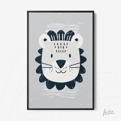 quadro com ilustração de leão em moldura preta sobre fundo cinza