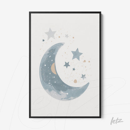quadro com ilustração de lua e estrelas em fundo claro, com moldura preta