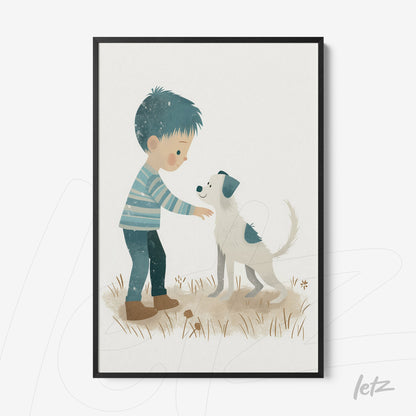 quadro com ilustração de garoto interagindo com um cachorro em fundo neutro e moldura preta