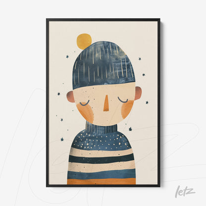 quadro com ilustração de uma figura humana usando gorro e suéter listrado em moldura preta