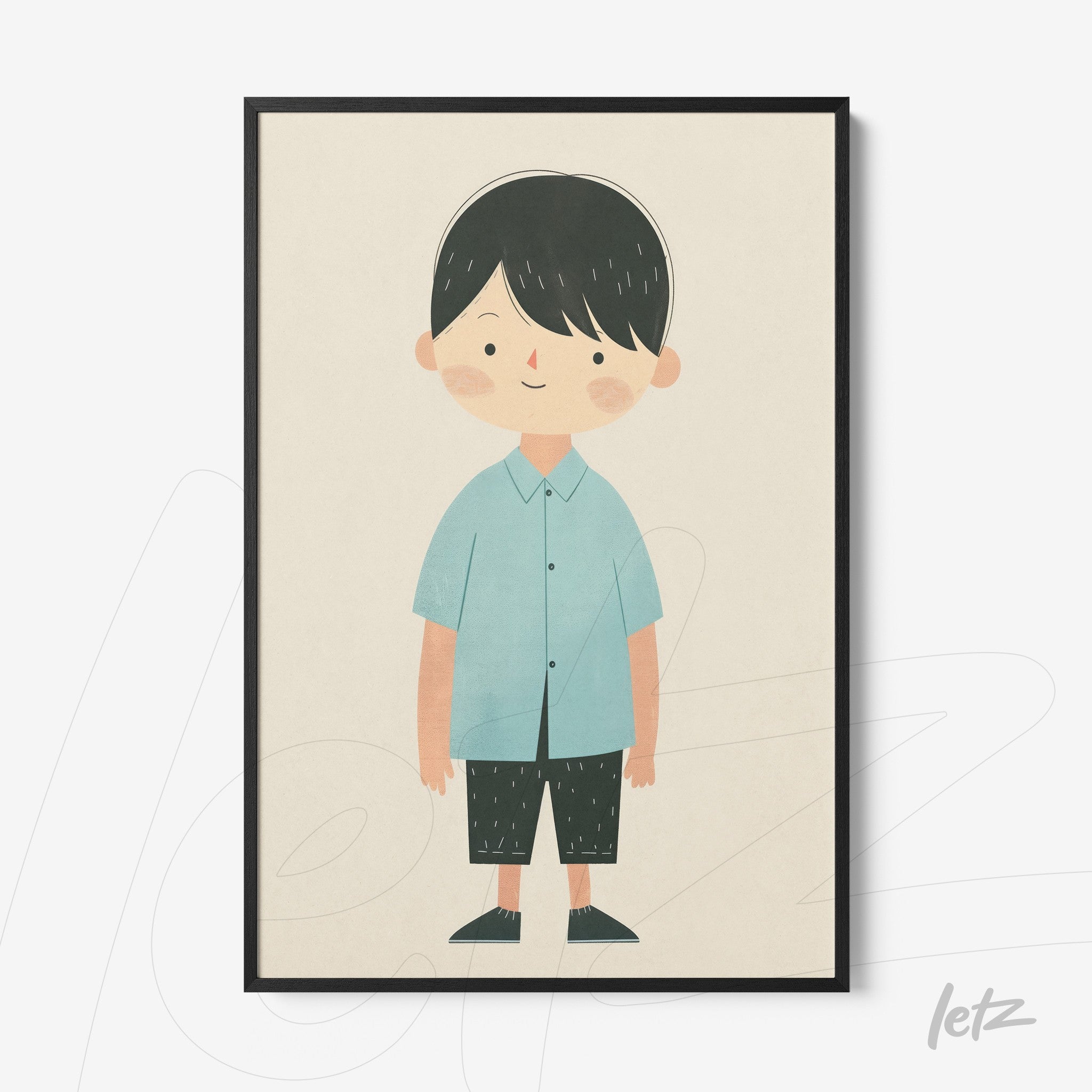 quadro com ilustração infantil de menino sorridente com camisa azul e calças pretas em moldura preta