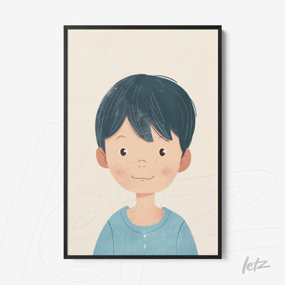 quadro com retrato de menino sorridente com cabelo preto e blusa azul em moldura preta
