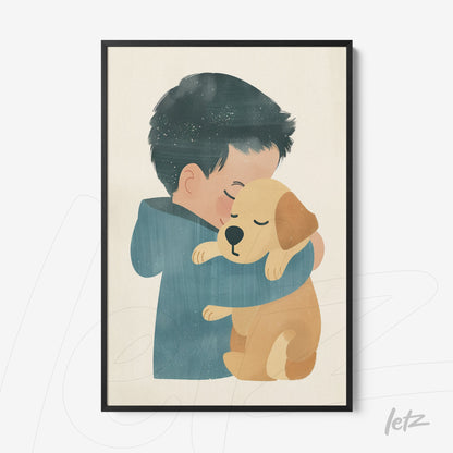 quadro com ilustração de menino abraçando um cachorro em moldura preta