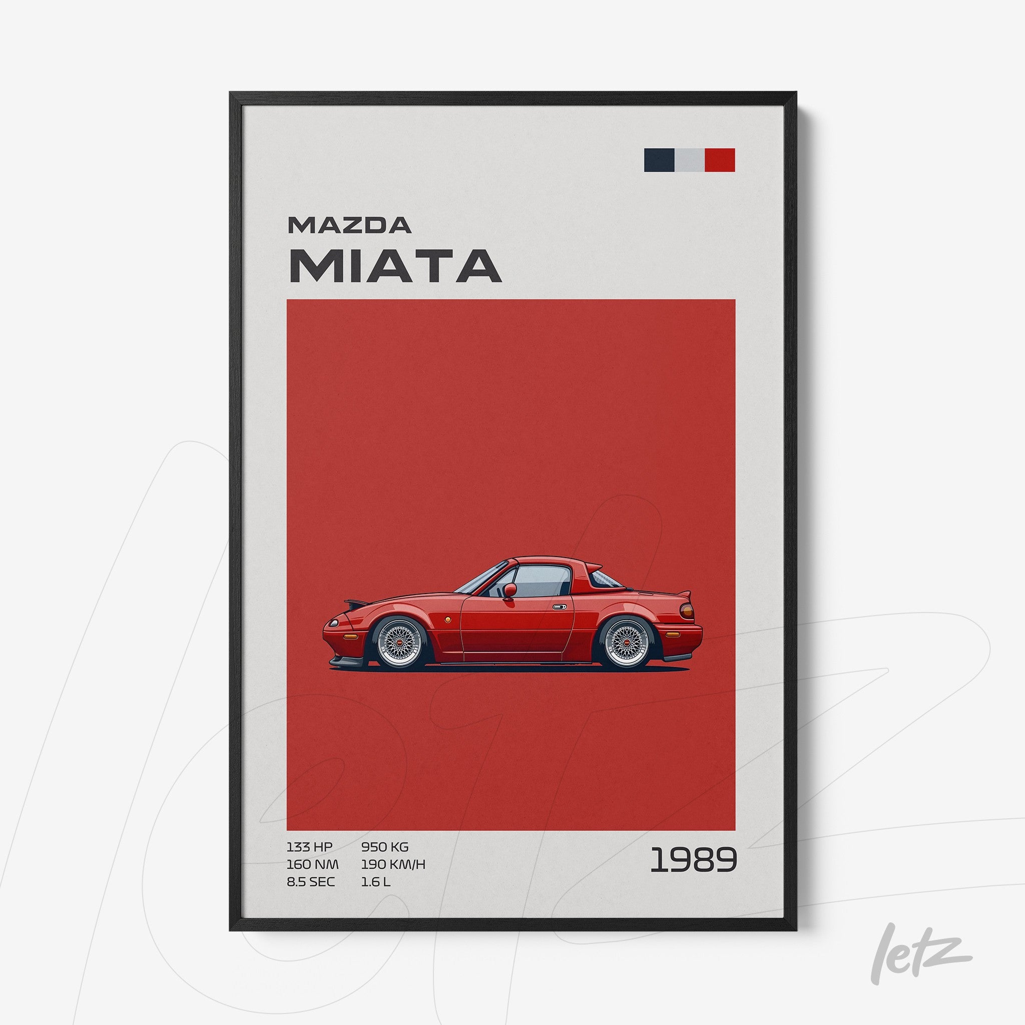 quadro com ilustração do carro Mazda Miata em fundo vermelho, com moldura preta e texto estilizado