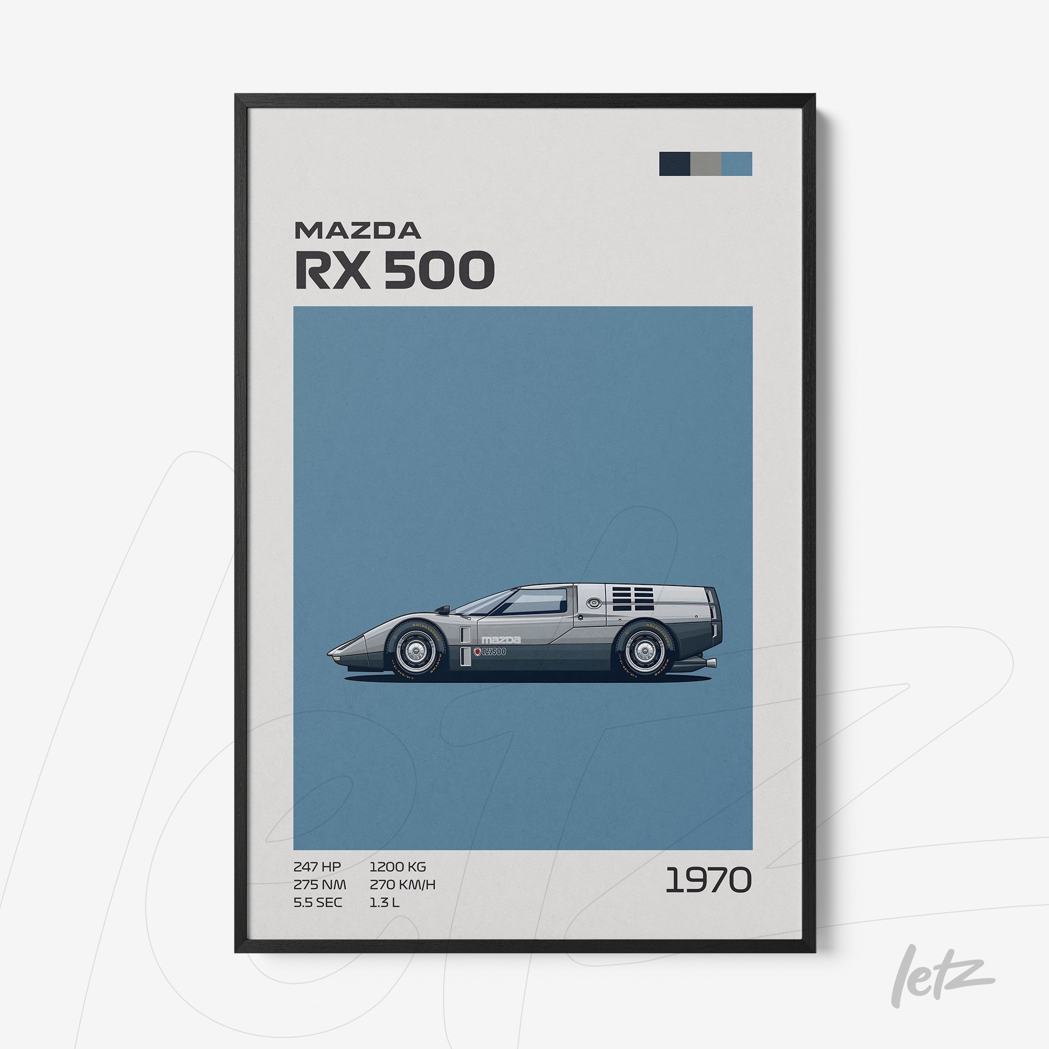 quadro com arte de carro esportivo Mazda RX 500 em fundo azul e moldura preta