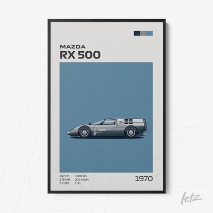 quadro com arte de carro esportivo Mazda RX 500 em fundo azul e moldura preta