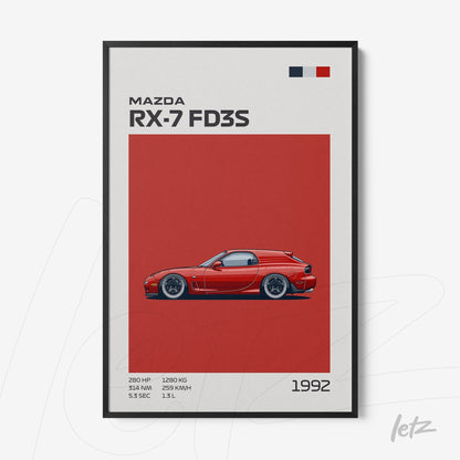 quadro com arte digital do carro Mazda RX-7 FD3S em fundo vermelho, moldura preta robusta e detalhes em texto branco