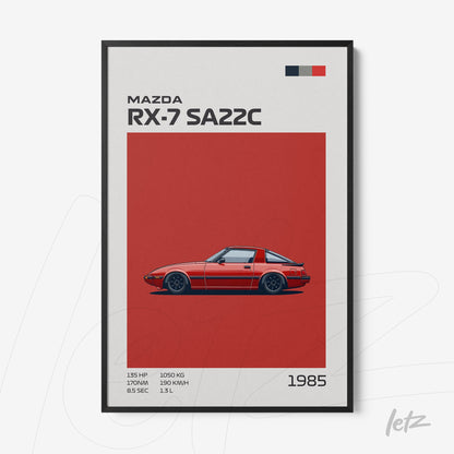 quadro com ilustração de um Mazda RX-7 SA22C de 1985 em fundo vermelho