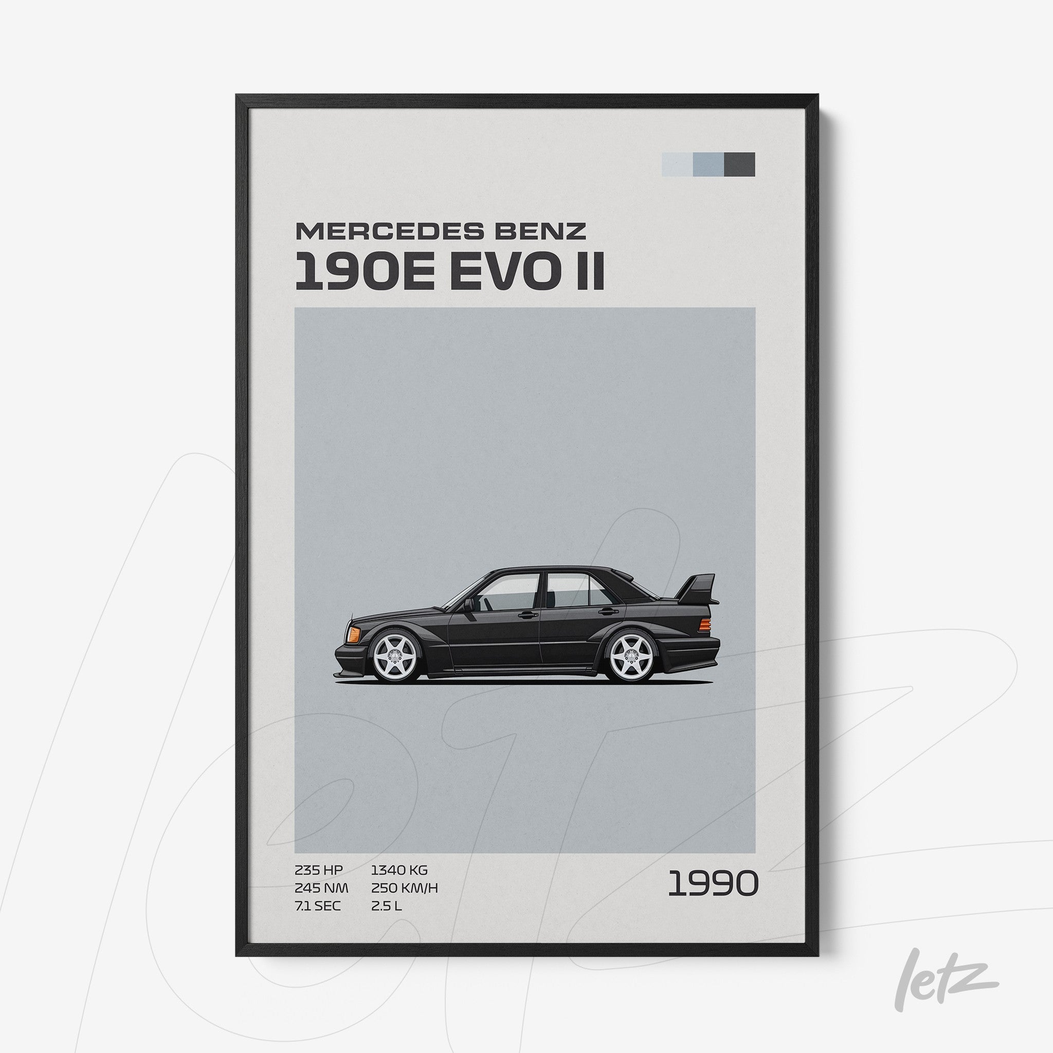 quadro com ilustração estilizada do carro Mercedes Benz 190E EVO II em moldura preta