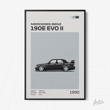 quadro com ilustração estilizada do carro Mercedes Benz 190E EVO II em moldura preta