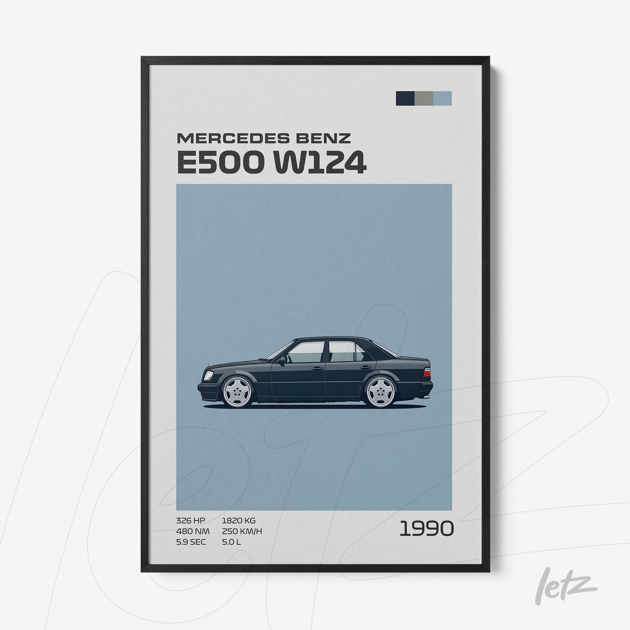 quadro com ilustração minimalista do carro Mercedes Benz E500 W124 em moldura preta