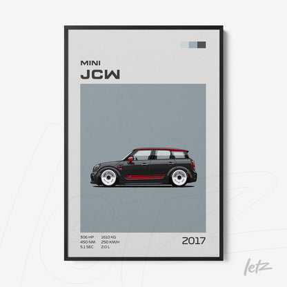 quadro com ilustração do carro Mini JCW 2017 em moldura preta com fundo cinza