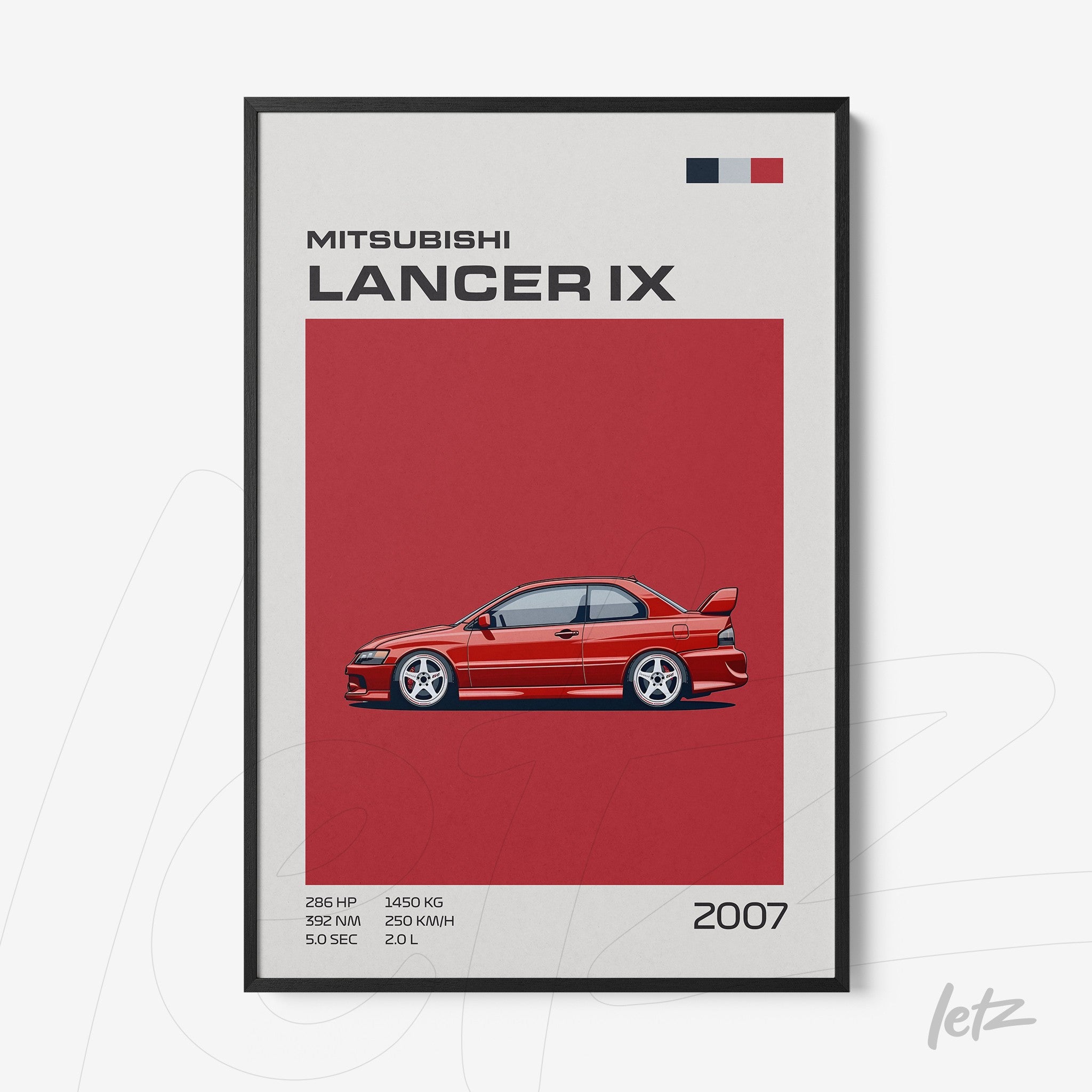 quadro com ilustração do carro Mitsubishi Lancer IX em fundo vermelho com moldura preta
