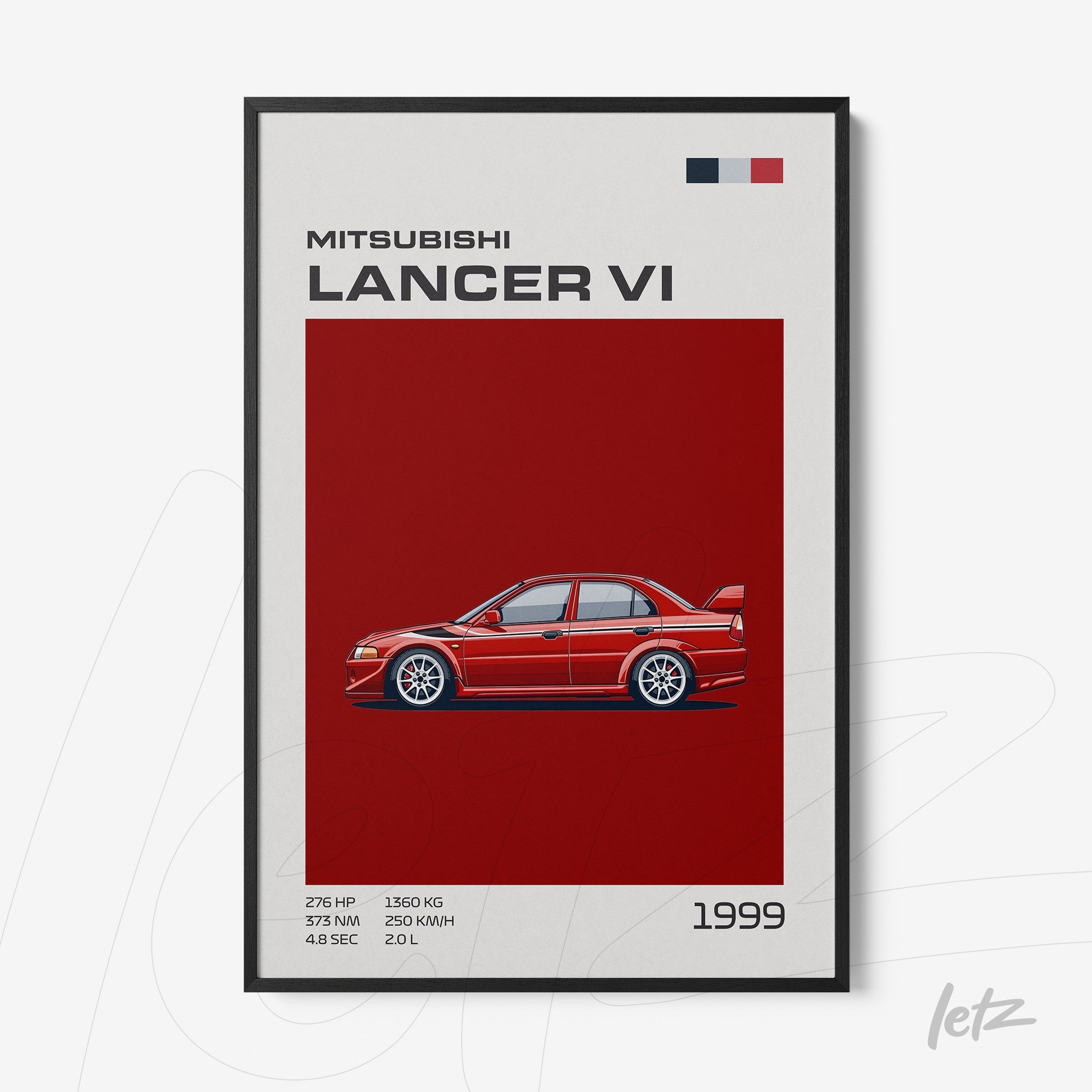 quadro com ilustração estilizada do carro Mitsubishi Lancer VI de 1999 em fundo vermelho e moldura preta