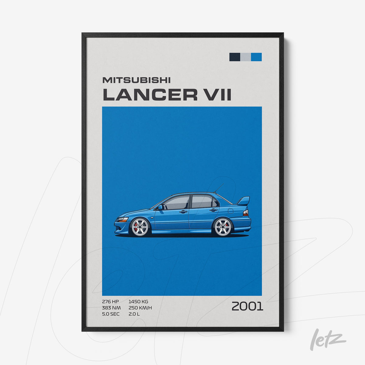 quadro com ilustração do carro Mitsubishi Lancer VII em fundo azul vibrante e moldura preta
