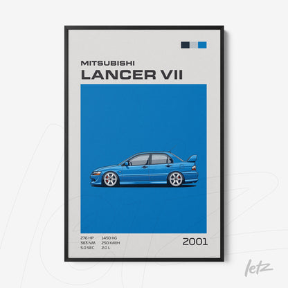 quadro com ilustração do carro Mitsubishi Lancer VII em fundo azul vibrante e moldura preta