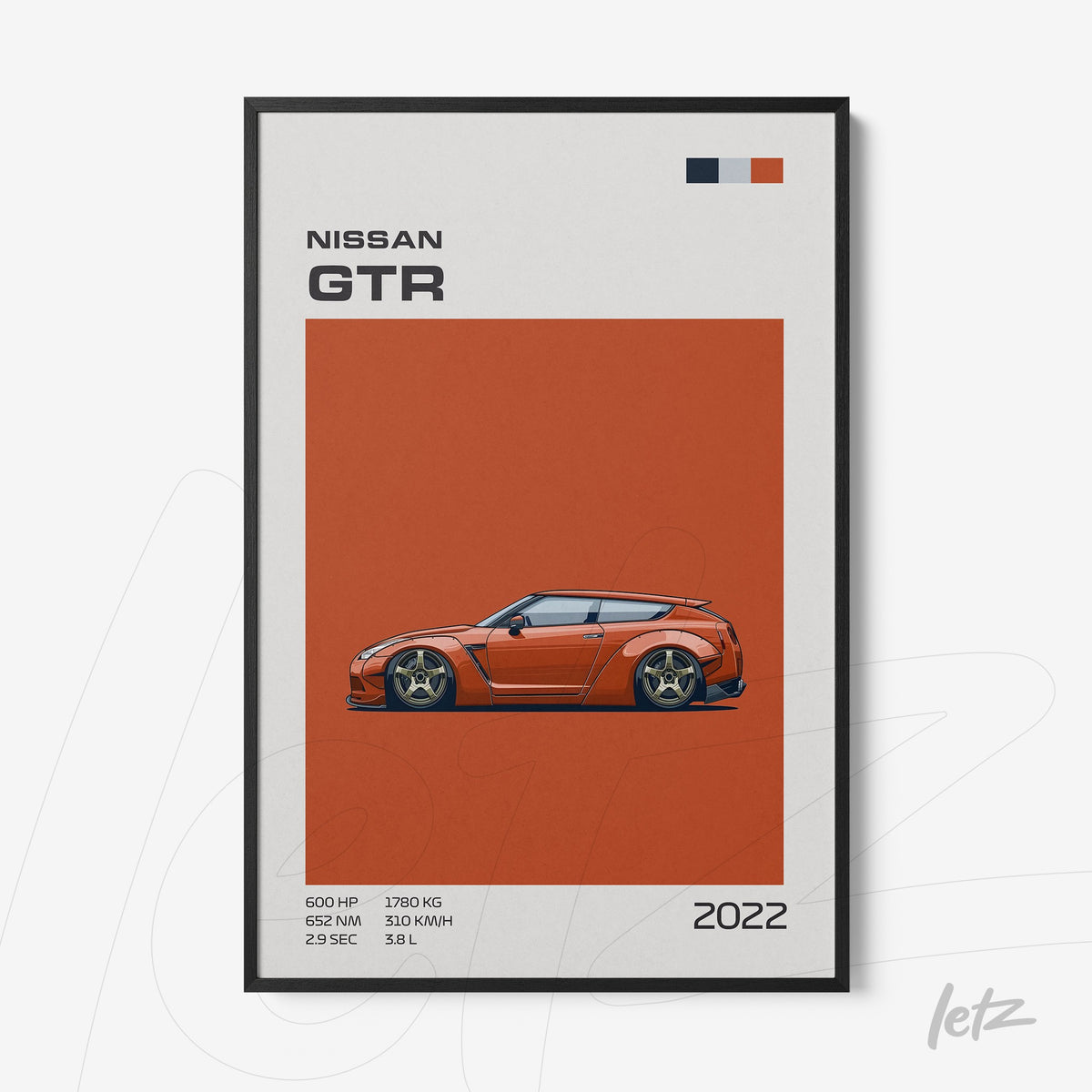 quadro com arte estilizada de um carro Nissan GTR com fundo laranja e moldura preta