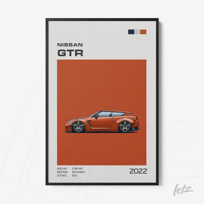 quadro com arte estilizada de um carro Nissan GTR com fundo laranja e moldura preta