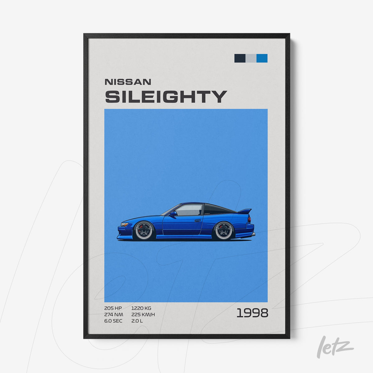 quadro com arte digital de carro esportivo Nissan Sil80 em fundo azul vibrante e moldura preta