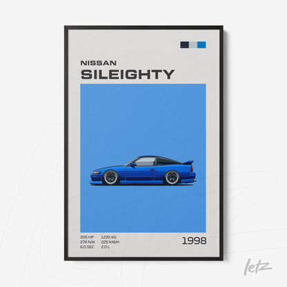 quadro com arte digital de carro esportivo Nissan Sil80 em fundo azul vibrante e moldura preta