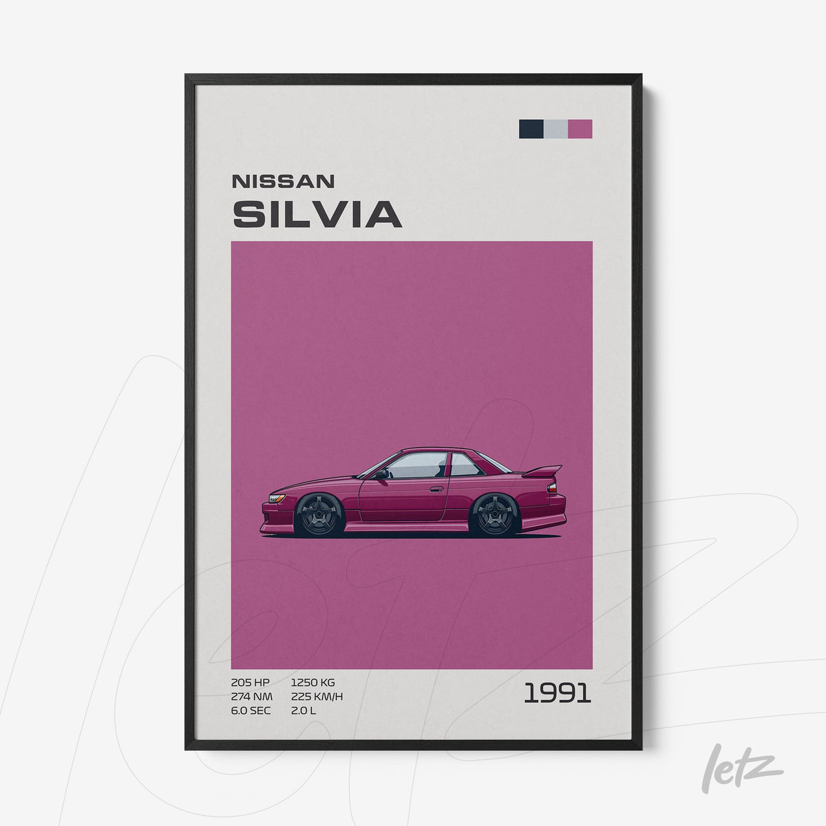 quadro com arte de carro esportivo Nissan Silvia de 1991 em moldura preta, fundo rosa vibrante