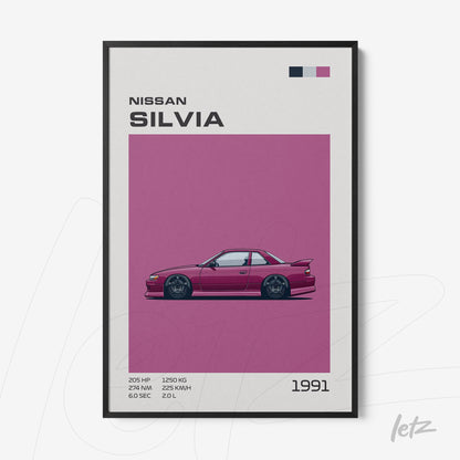 quadro com arte de carro esportivo Nissan Silvia de 1991 em moldura preta, fundo rosa vibrante