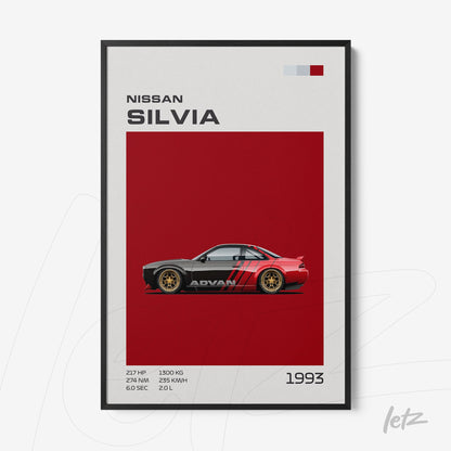 quadro com arte digital de um carro Nissan Silvia de 1993 com fundo vermelho